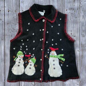 Vintage Coldwater Creek Ugly Christmas Sweater Vest Cardigan Size S Snowmen